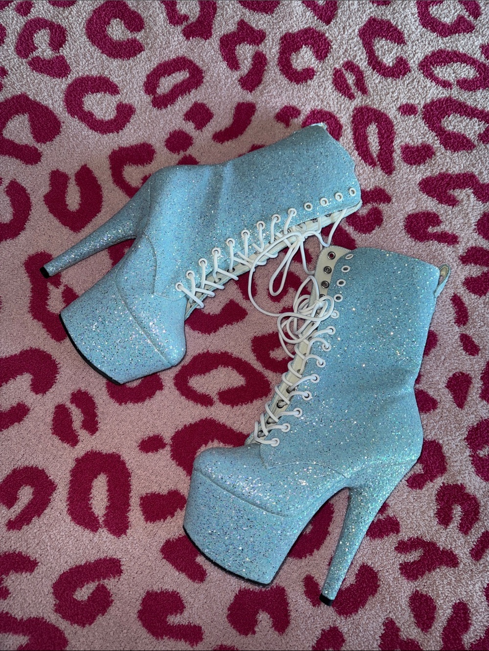 Pleaser Glitter Lace-Up Platform Ankle Boots in Light Blue